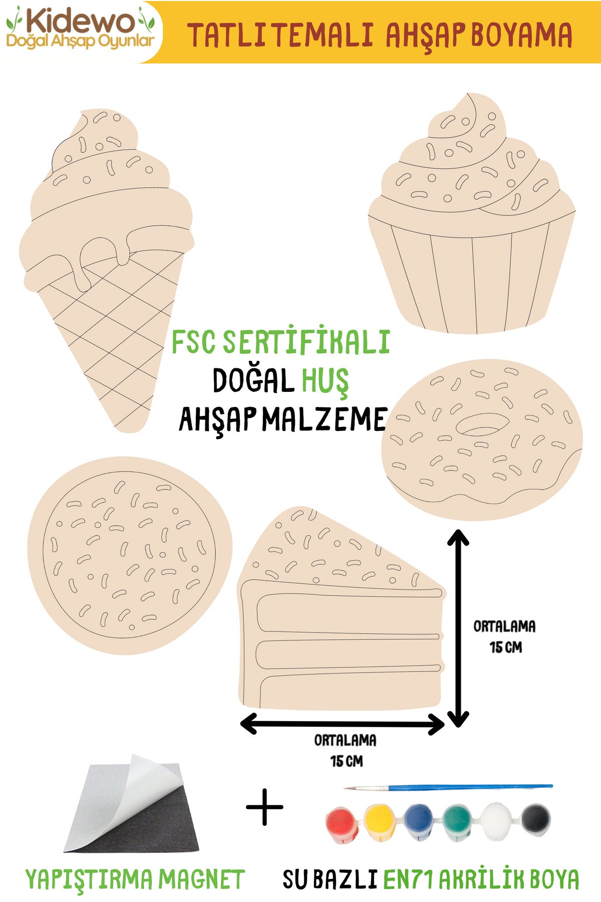Pastacı Ahşap Boyama Etkinlik Seti + Eğitici Çocuk Aktivite + Fırça + Akrilik Boya Kreş Okul Öncesi