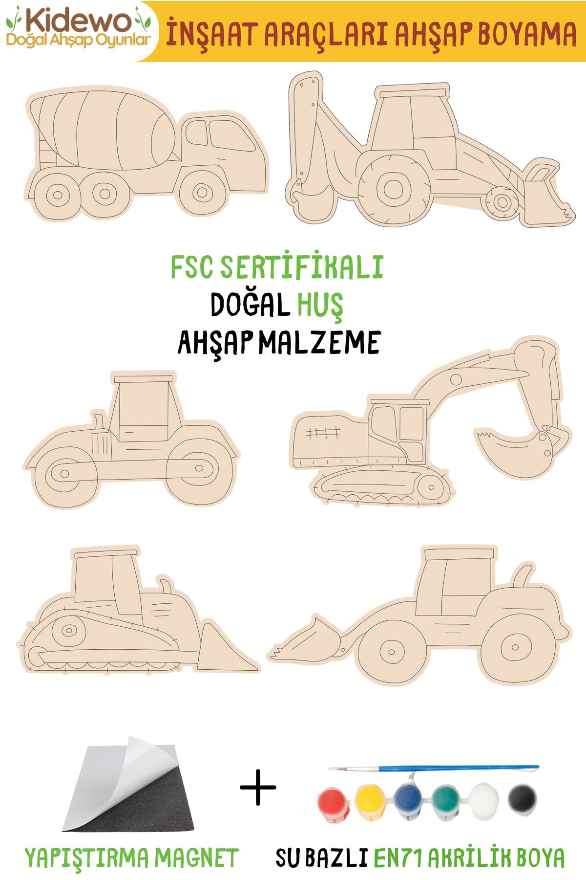 İnşaat Ahşap Boyama Etkinlik Seti + Eğitici Çocuk Aktivite + Fırça + Akrilik Boya Kreş Okul Öncesi