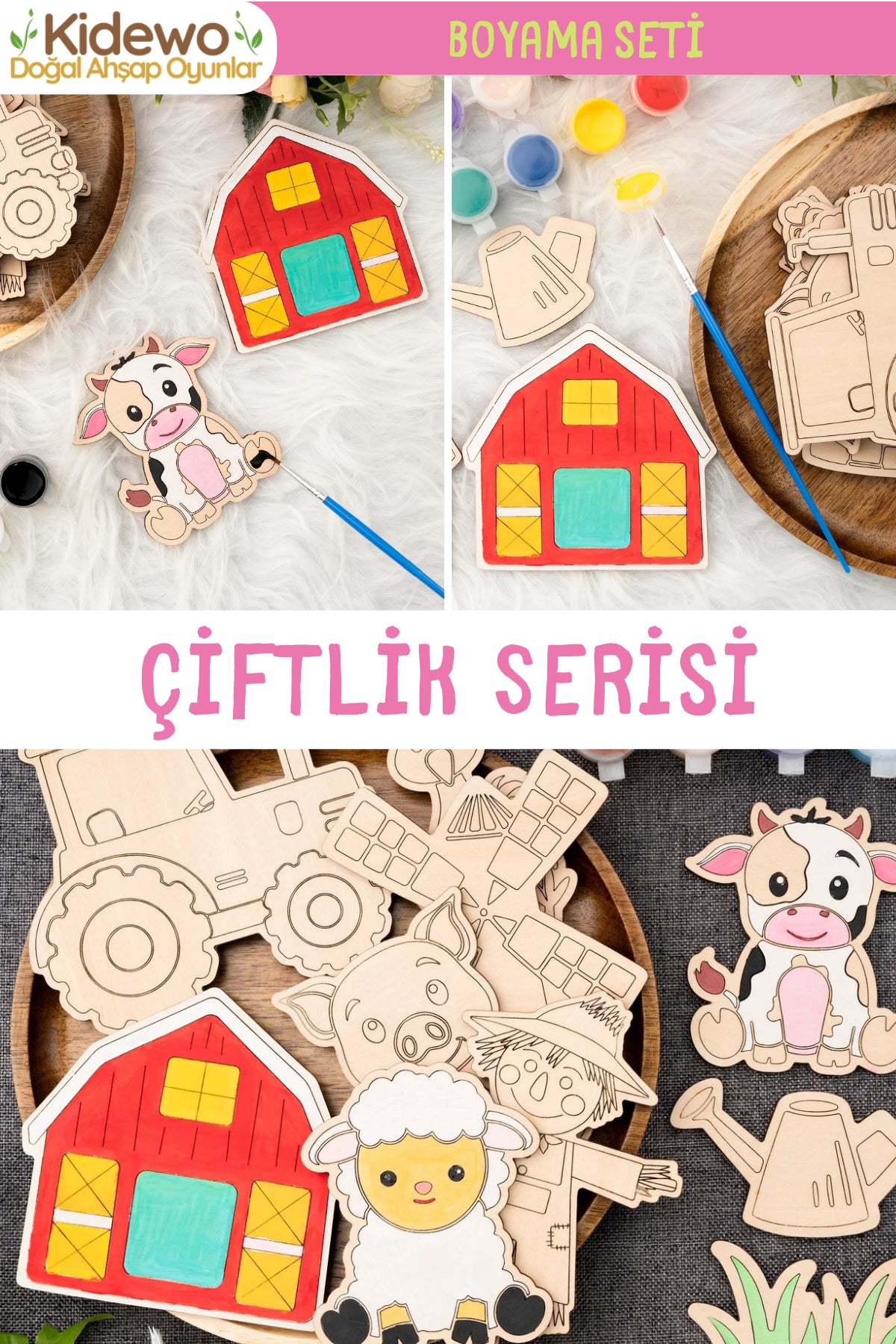 Çiftlik Ahşap Boyama Etkinlik Seti + Eğitici Çocuk Aktivite + Fırça + Akrilik Boya Kreş Okul Öncesi