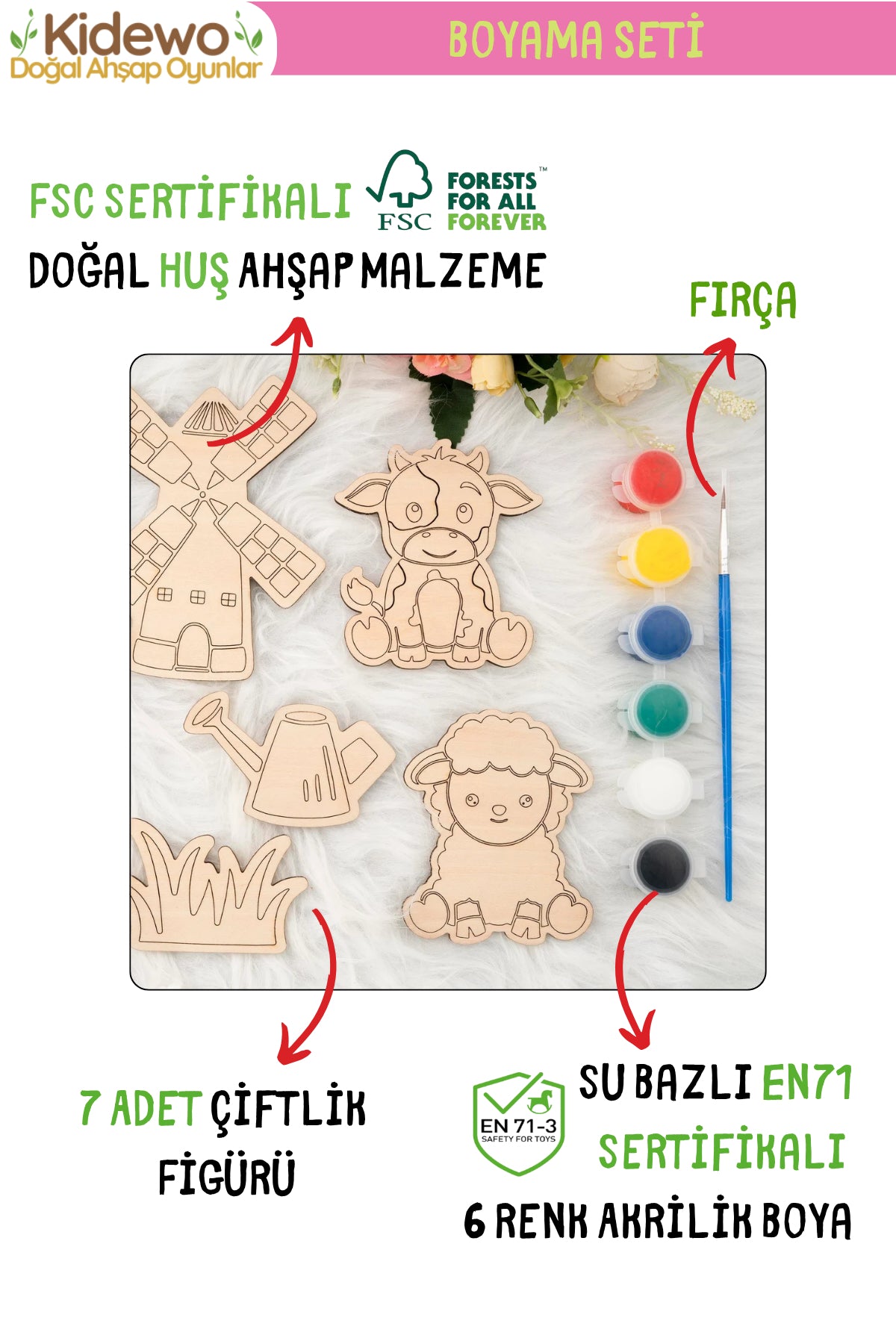 Çiftlik Ahşap Boyama Etkinlik Seti + Eğitici Çocuk Aktivite + Fırça + Akrilik Boya Kreş Okul Öncesi