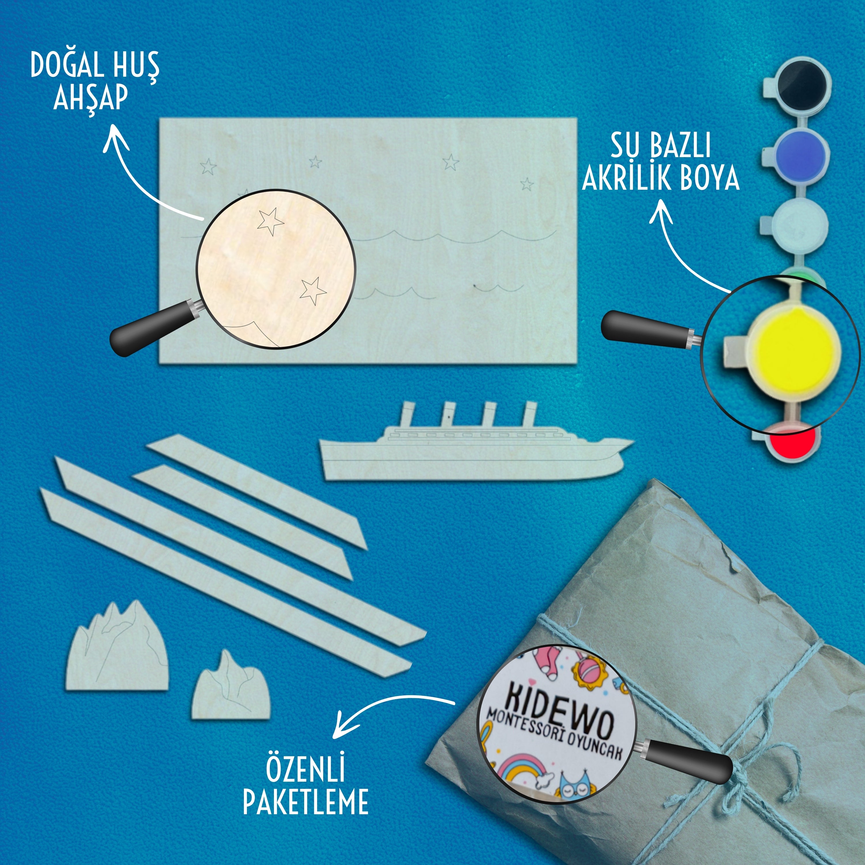 Titanik Ahşap Boyama Etkinlik Seti + Eğitici Çocuk Aktivite + Fırça + Akrilik Boya Kreş Okul Öncesi