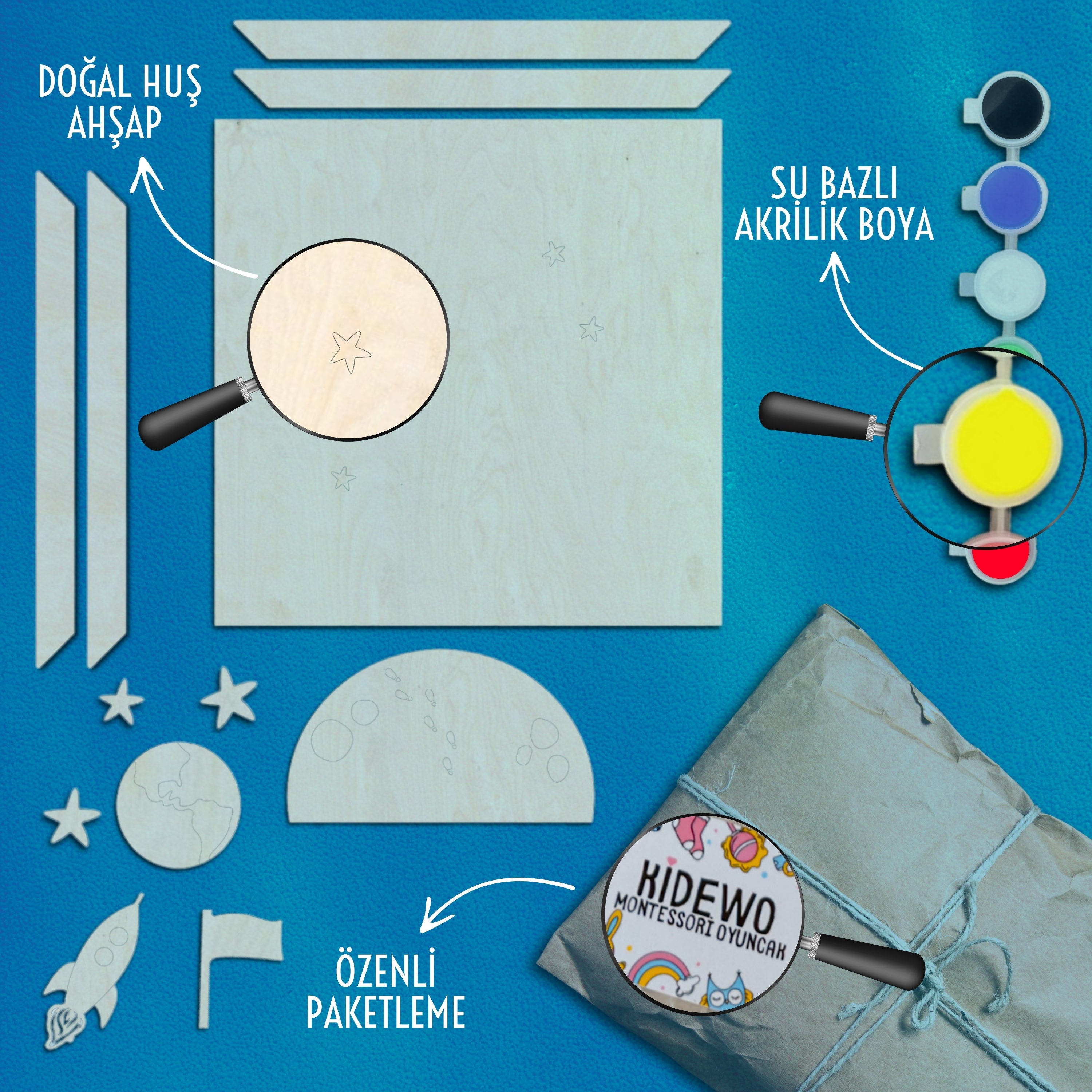Ay Uzay Ahşap Boyama Etkinlik Seti + Eğitici Çocuk Aktivite + Fırça + Akrilik Boya Kreş Okul Öncesi