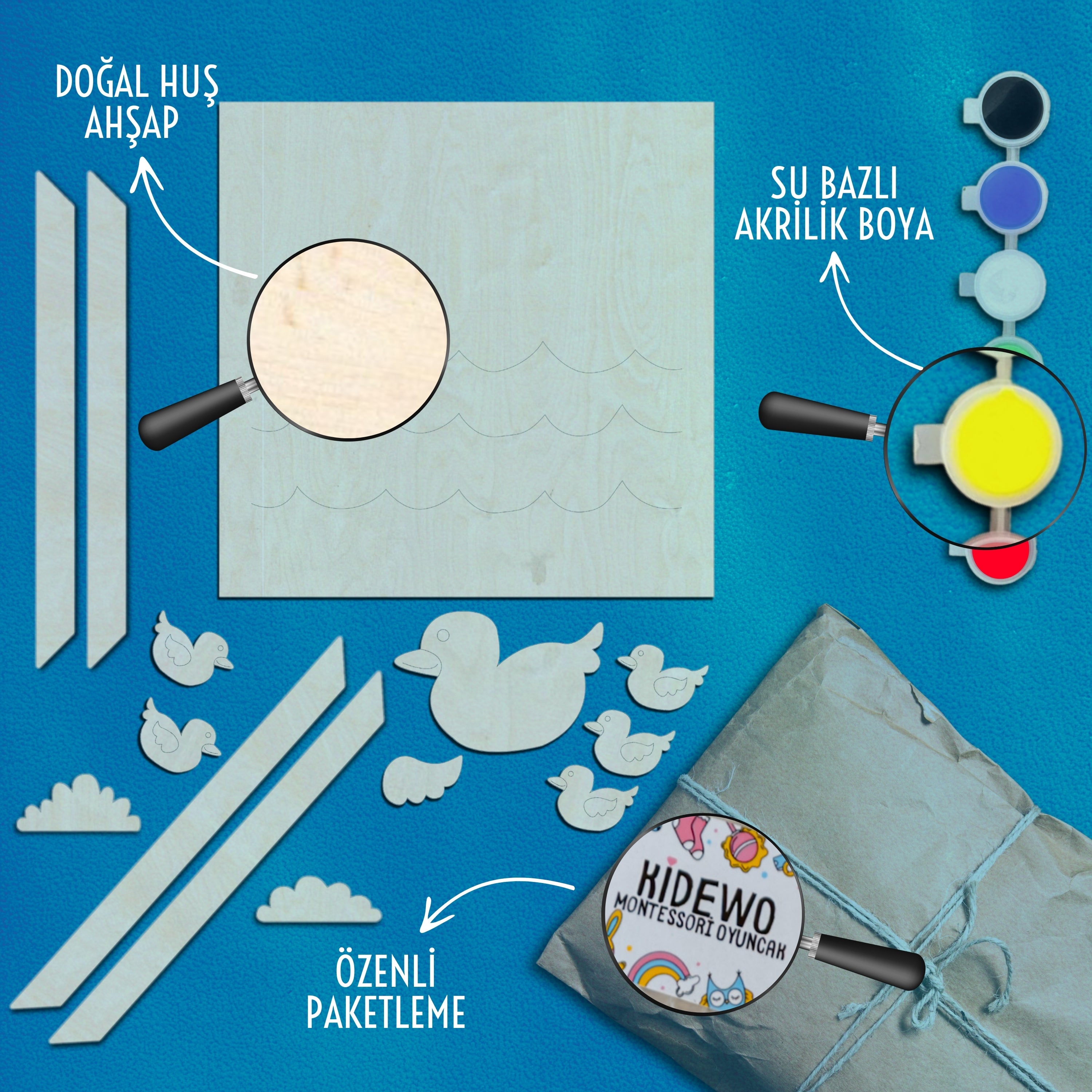 Ördek Ailesi Ahşap Boyama Etkinlik Seti Eğitici Çocuk Aktivite Fırça + Akrilik Boya Kreş Okul Öncesi