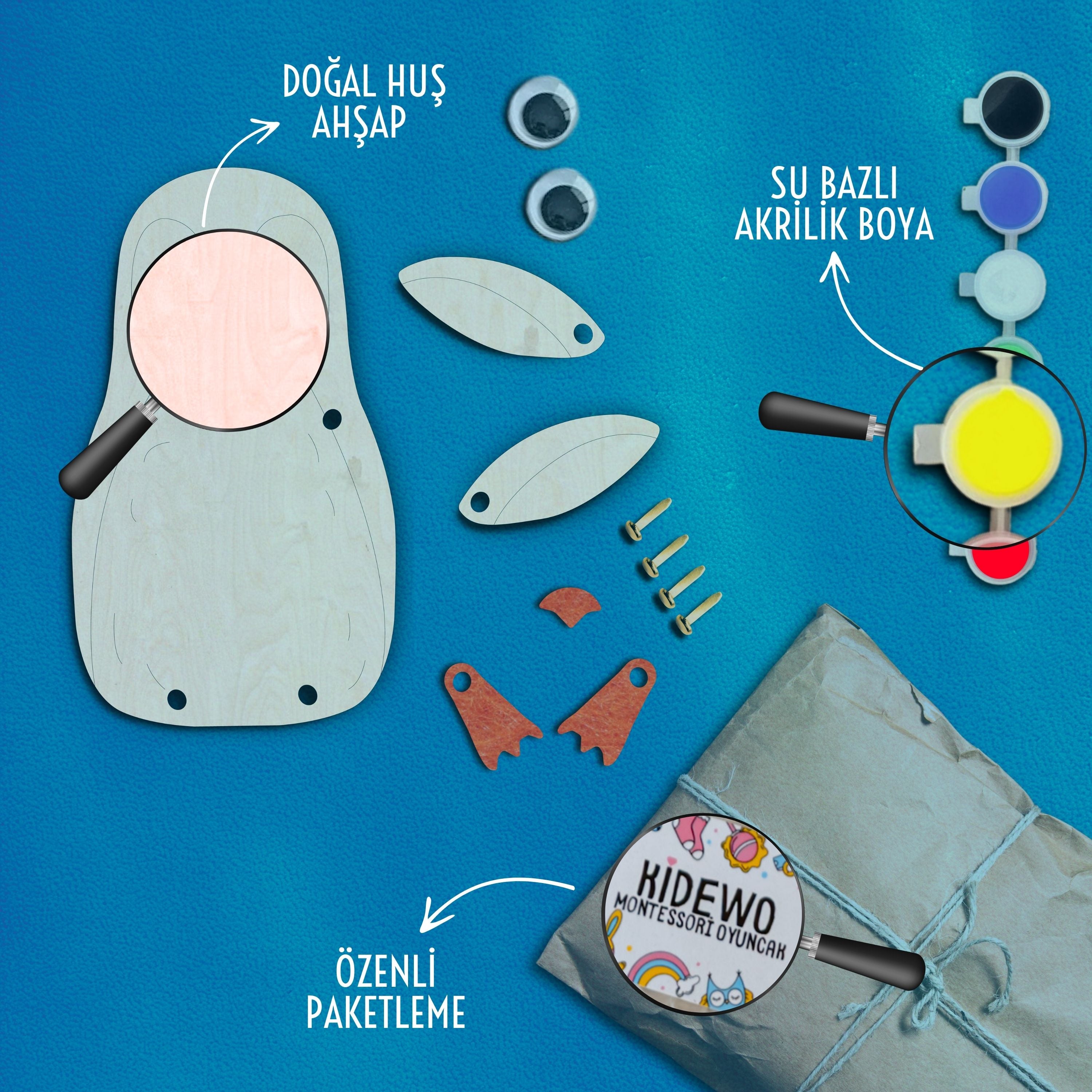 Penguen Ahşap Boyama Etkinlik Seti + Eğitici Çocuk Aktivite + Fırça + Akrilik Boya Kreş Okul Öncesi