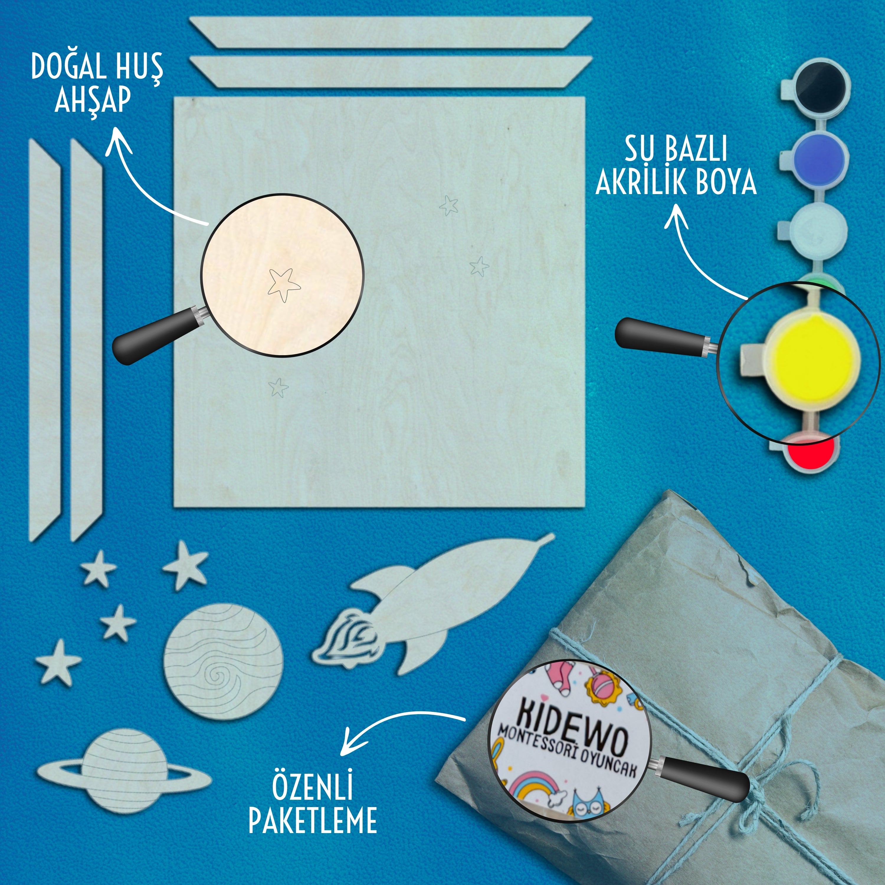 Dünya Uzay Ahşap Boyama Etkinlik Seti Eğitici Çocuk Aktivite + Fırça + Akrilik Boya Kreş Okul Öncesi