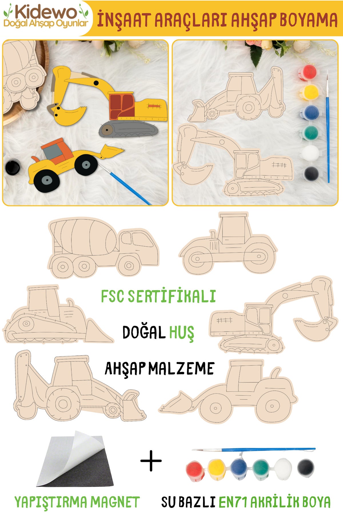 İnşaat Ahşap Boyama Etkinlik Seti + Eğitici Çocuk Aktivite + Fırça + Akrilik Boya Kreş Okul Öncesi