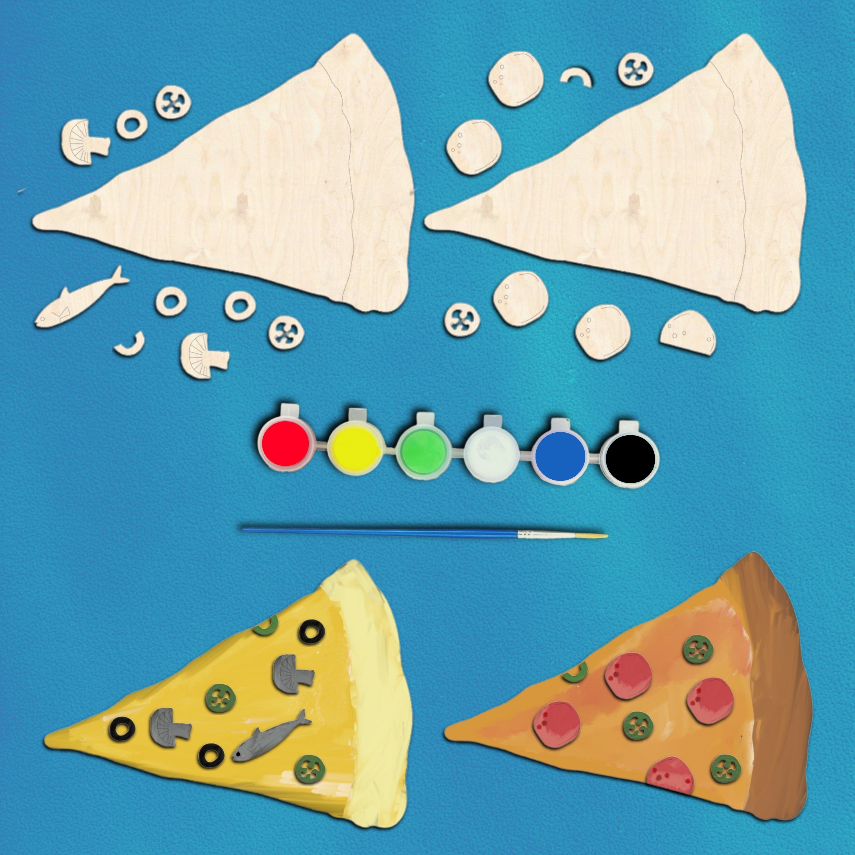 Pizza Ahşap Boyama Etkinlik Seti + Eğitici Çocuk Aktivite + Fırça + Akrilik Boya Kreş Okul Öncesi
