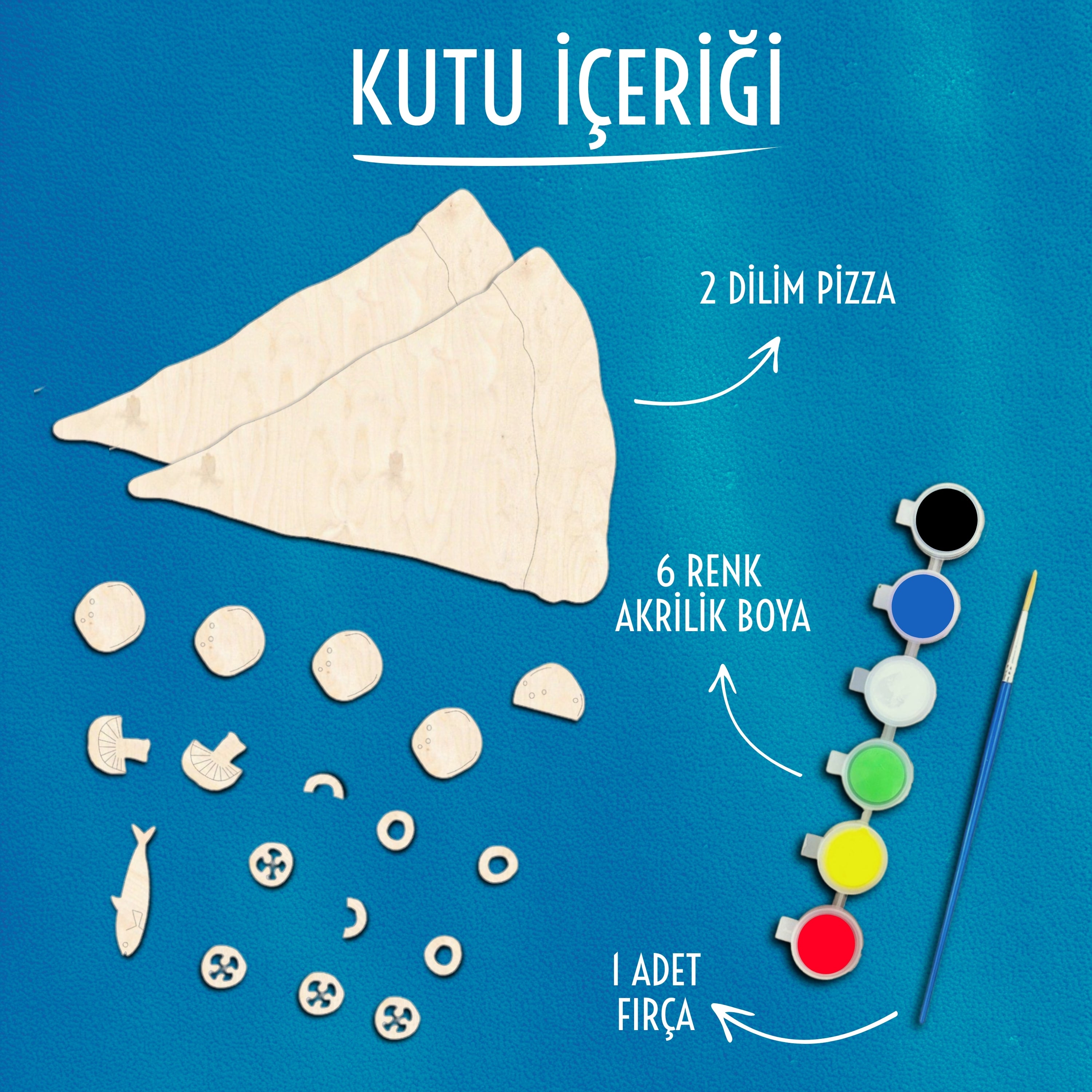 Pizza Ahşap Boyama Etkinlik Seti + Eğitici Çocuk Aktivite + Fırça + Akrilik Boya Kreş Okul Öncesi