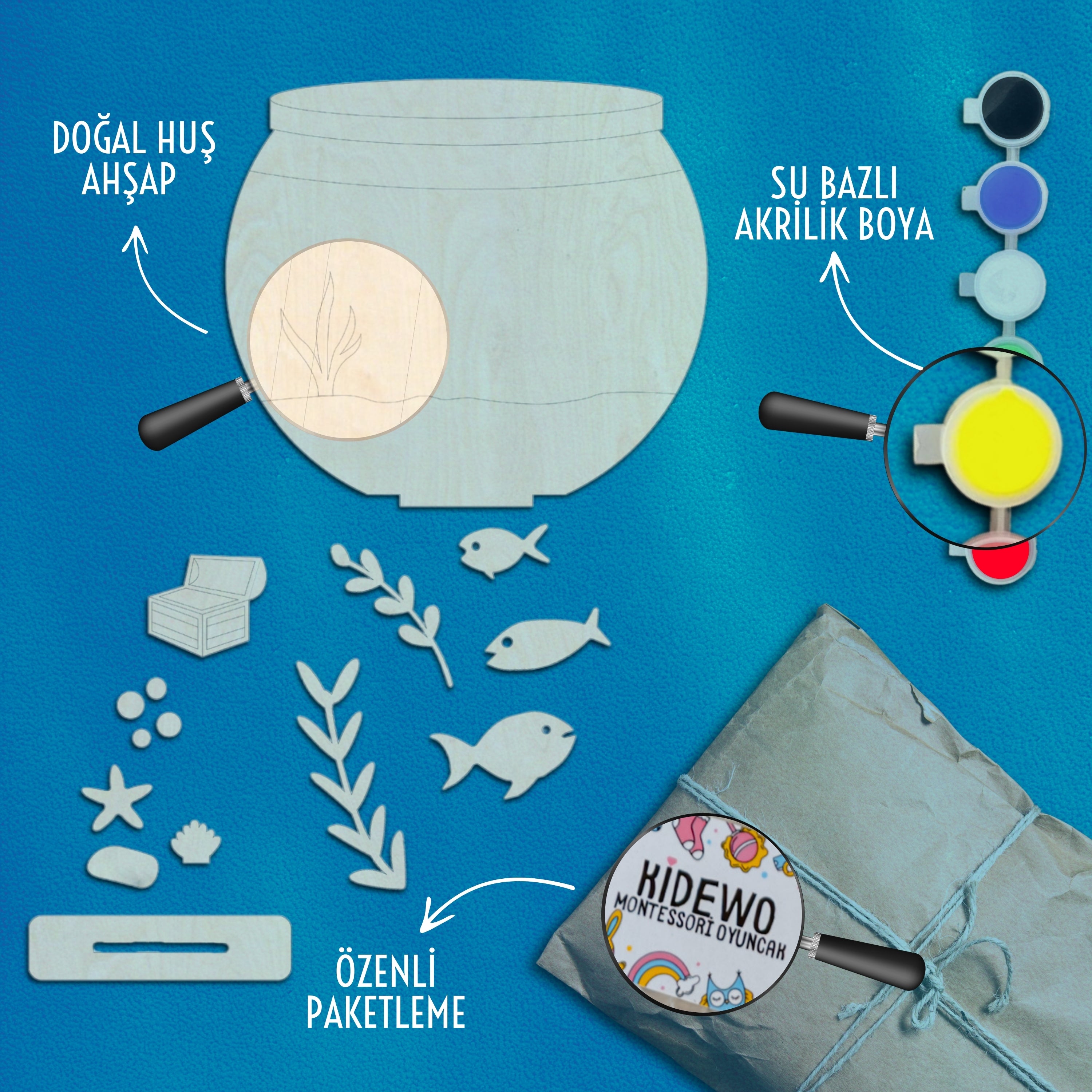 Akvaryum Ahşap Boyama Etkinlik Seti + Eğitici Çocuk Aktivite + Fırça + Akrilik Boya Kreş Okul Öncesi