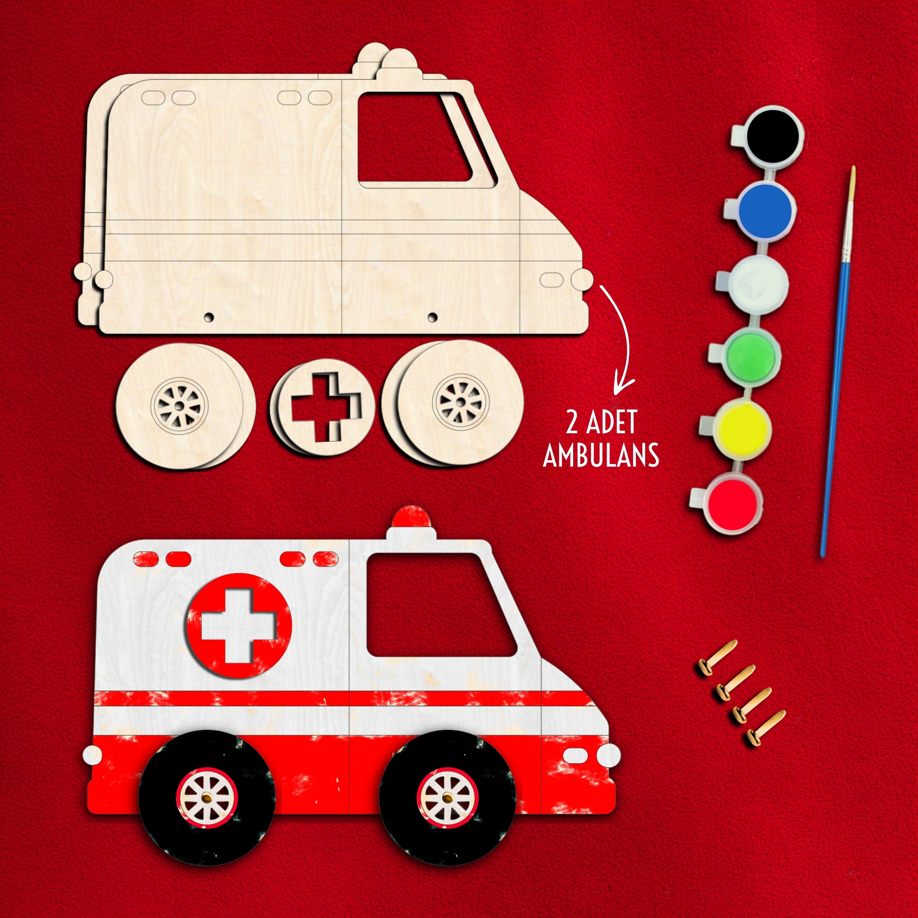 Ambulans Ahşap Boyama Etkinlik Seti + Eğitici Çocuk Aktivite + Fırça + Akrilik Boya Kreş Okul Öncesi