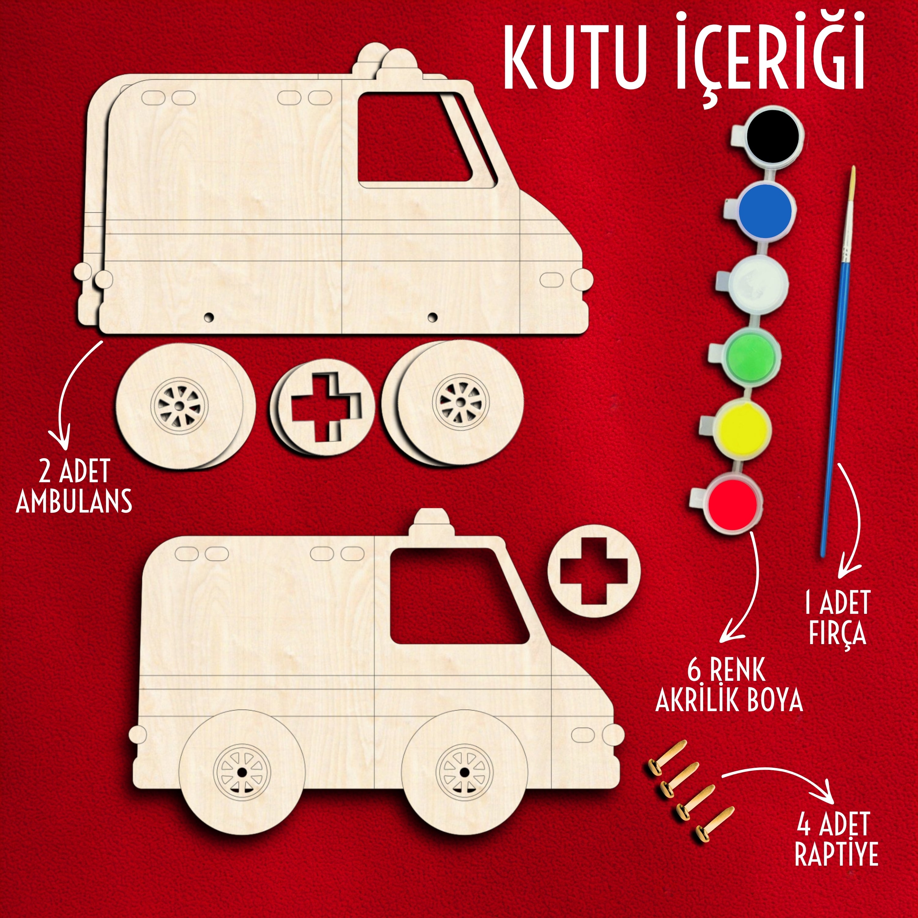 Ambulans Ahşap Boyama Etkinlik Seti + Eğitici Çocuk Aktivite + Fırça + Akrilik Boya Kreş Okul Öncesi